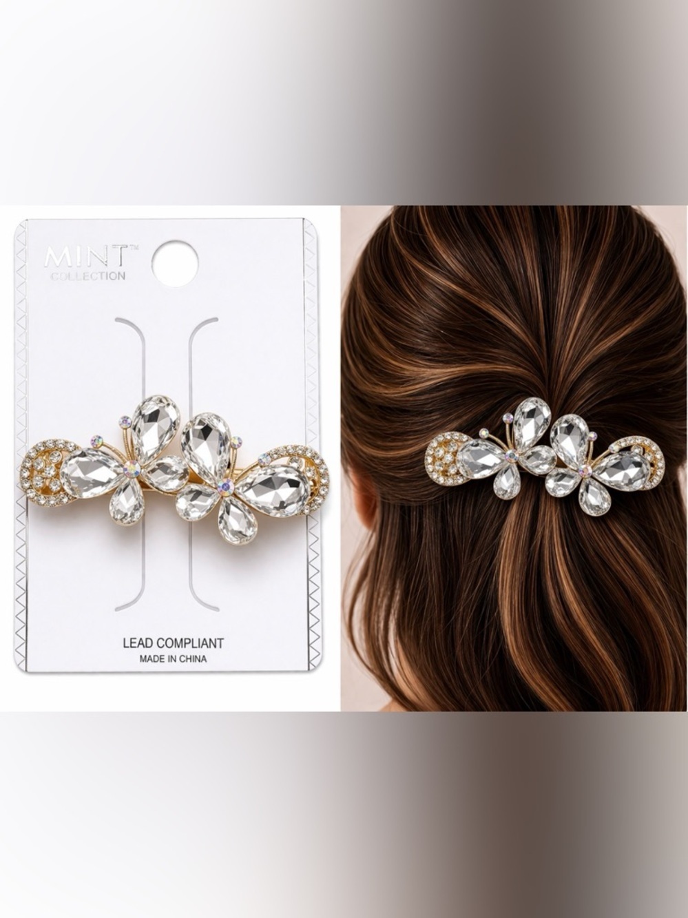Gold Flower Hair Clip Clamp Metal Alligator Claw Bling Crystal Rhinestone 2.5"